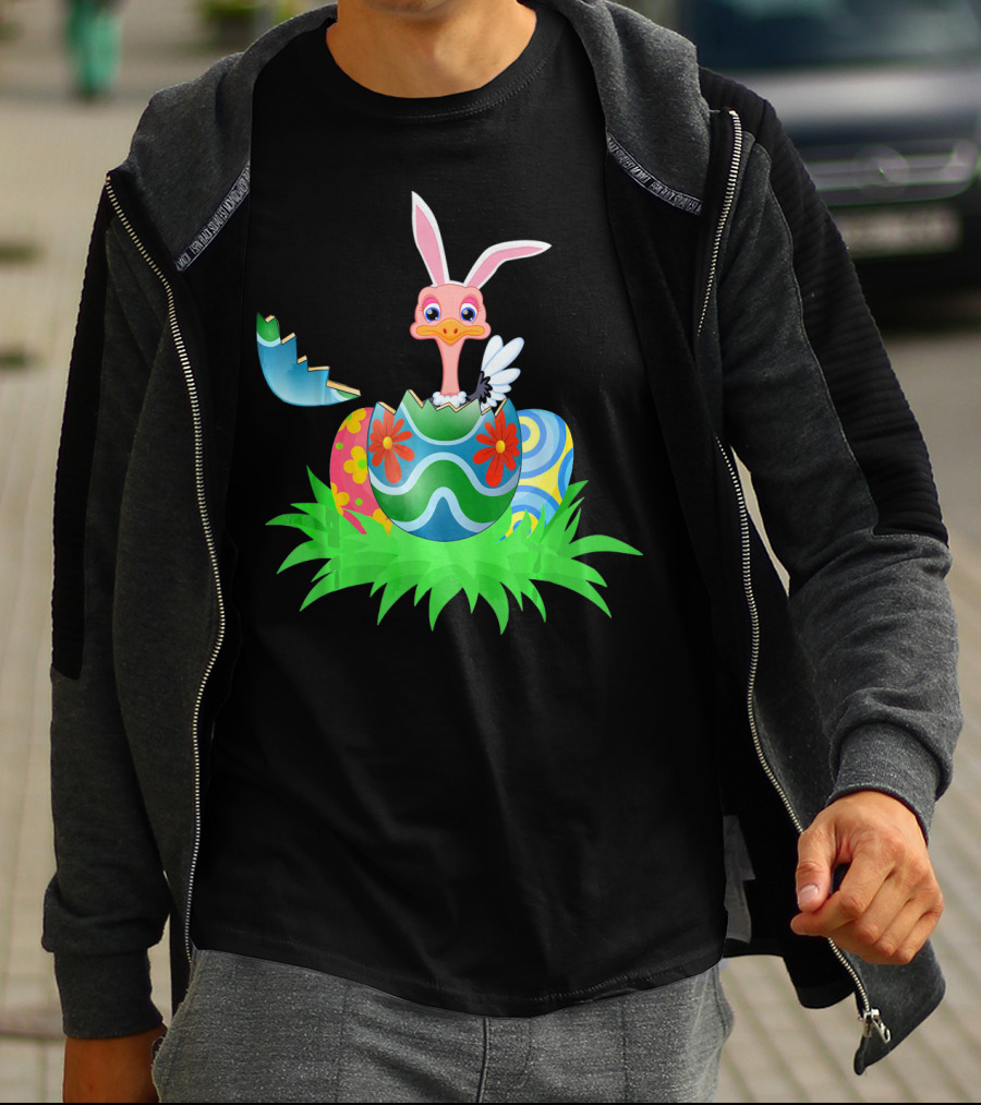 Easter Ostrich Hatching From Colorful Easter Egg With Bunny Ears And Flowers T-Shirt
