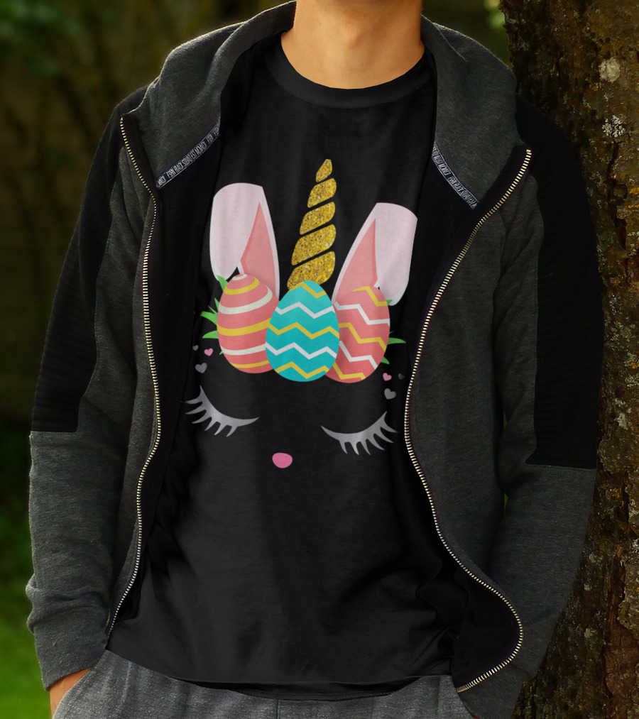 Bunnycorn Easter Bunny Rabbit Face Unicorn Ears Eggs Hearts T-Shirt