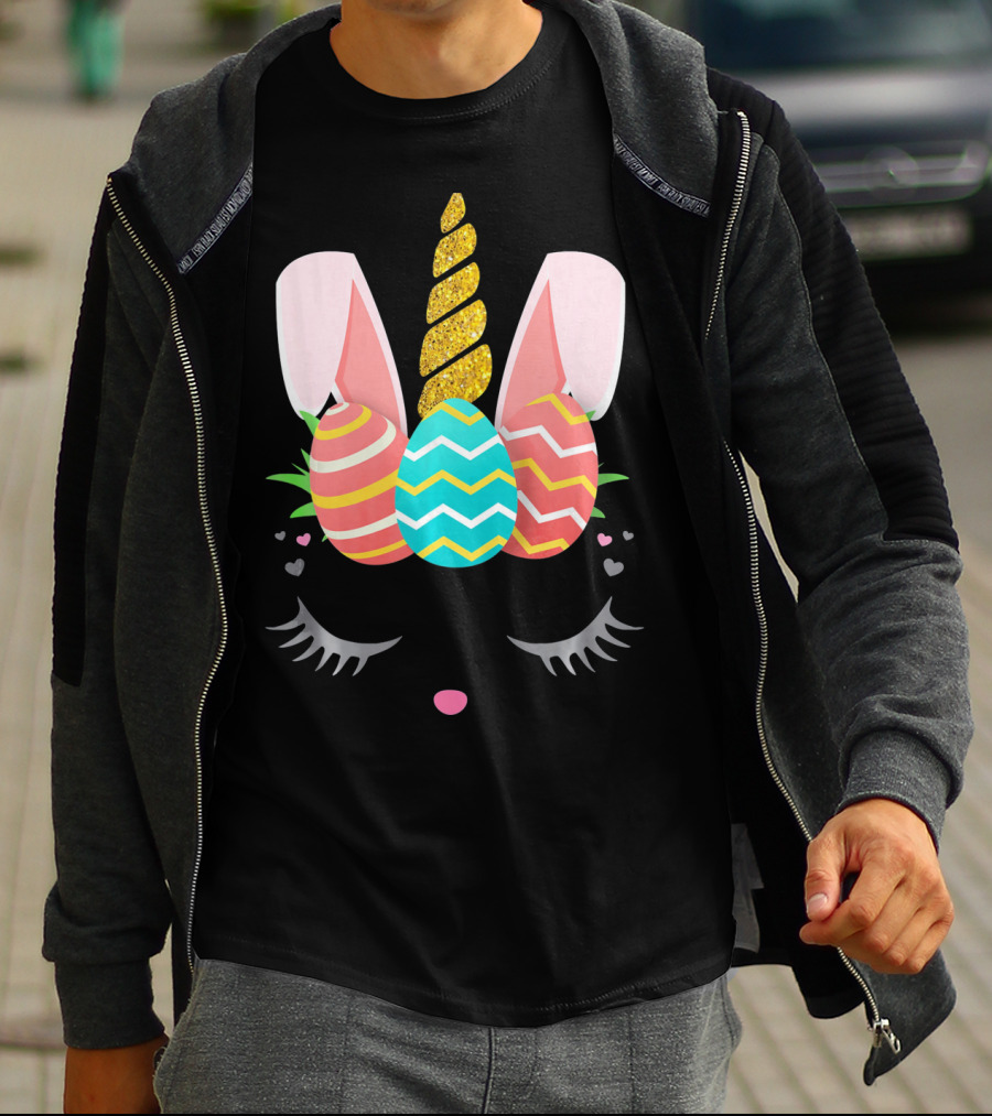 Bunnycorn Easter Bunny Rabbit Face Unicorn Ears Eggs Hearts T-Shirt
