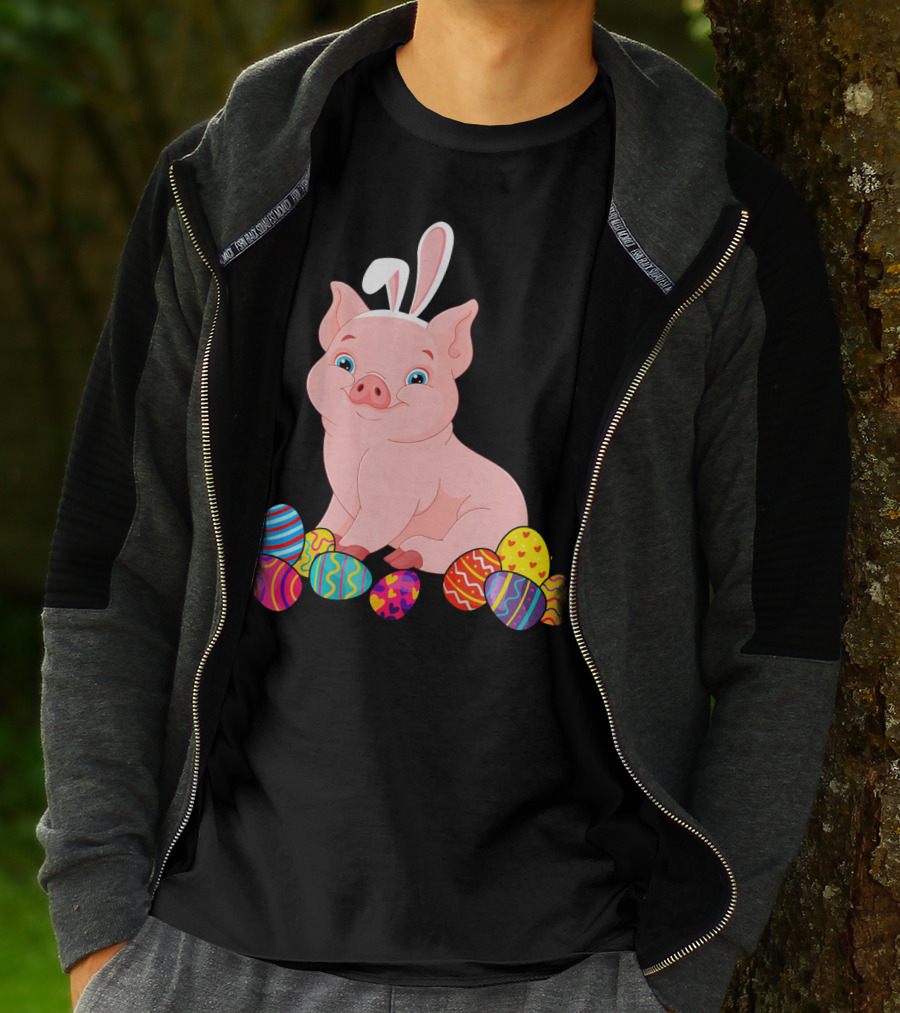 Pig With Bunny Ears Surrounded By Colorful Easter Eggs Easter Day T-Shirt