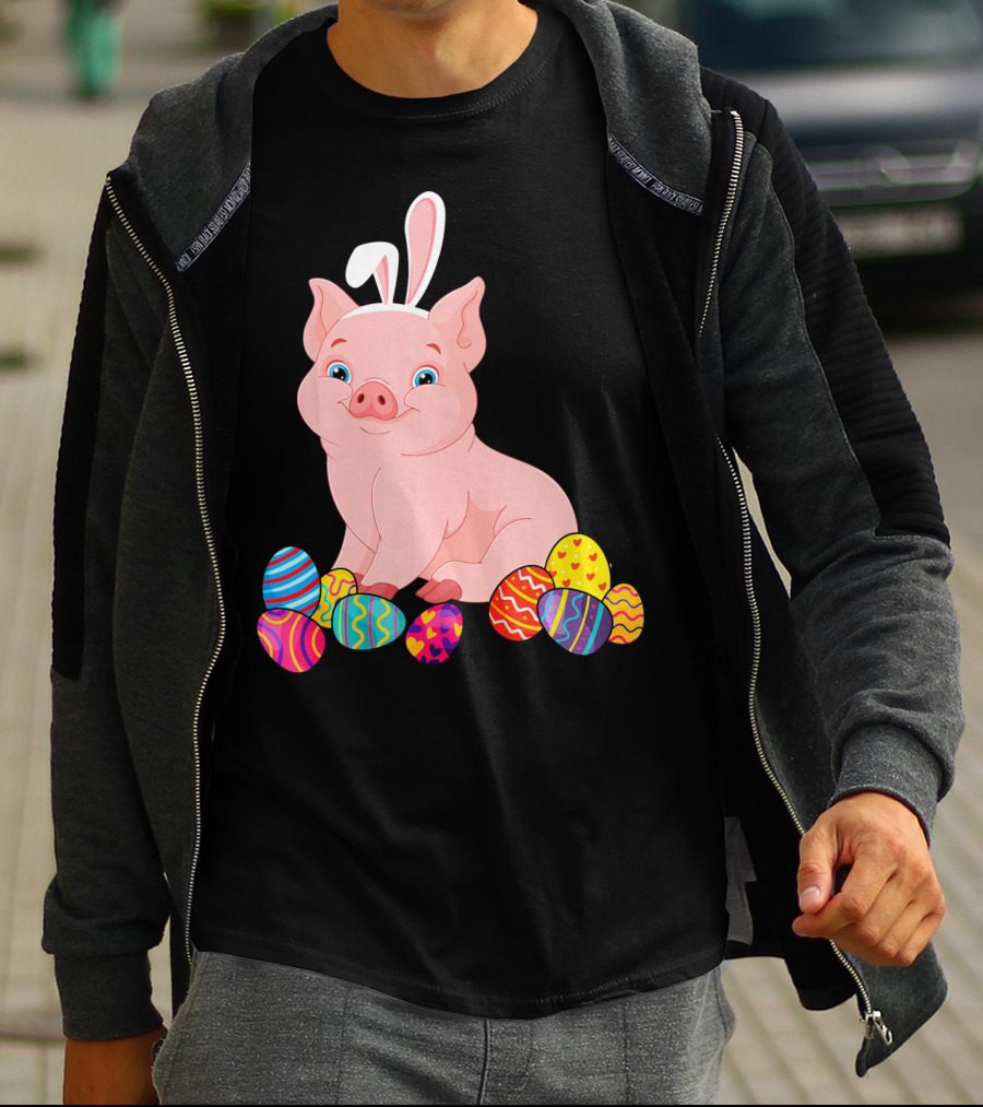 Pig With Bunny Ears Surrounded By Colorful Easter Eggs Easter Day T-Shirt