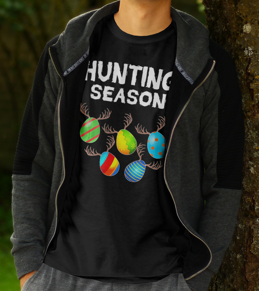 Hunting Season Funny Easter Bunny With Colorful Eggs And Antlers T-Shirt