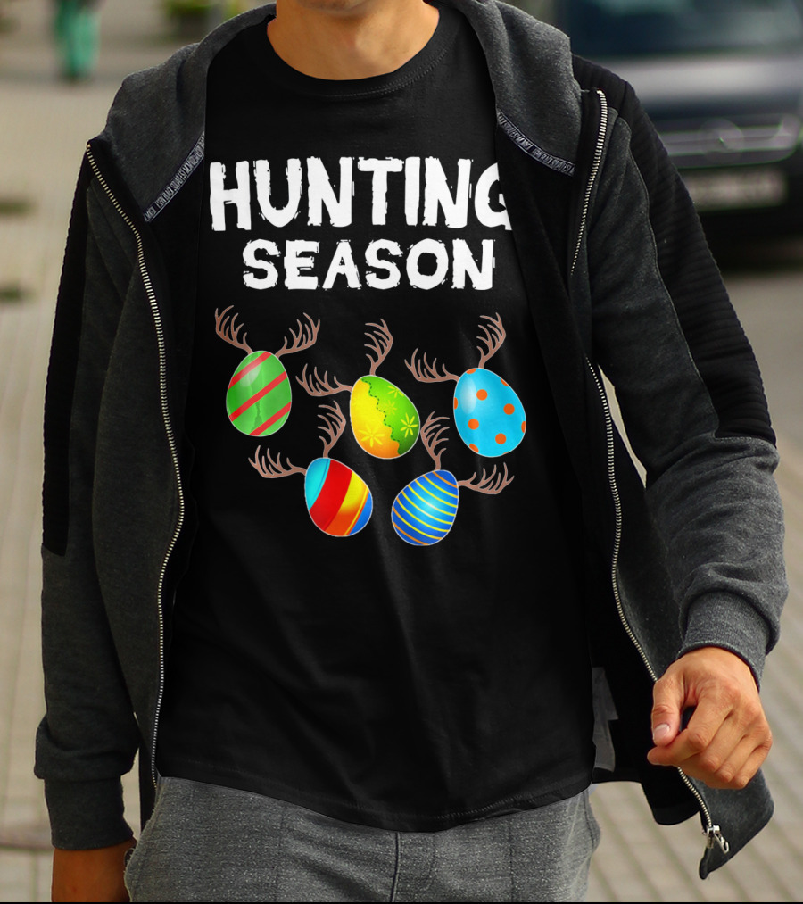 Hunting Season Funny Easter Bunny With Colorful Eggs And Antlers T-Shirt