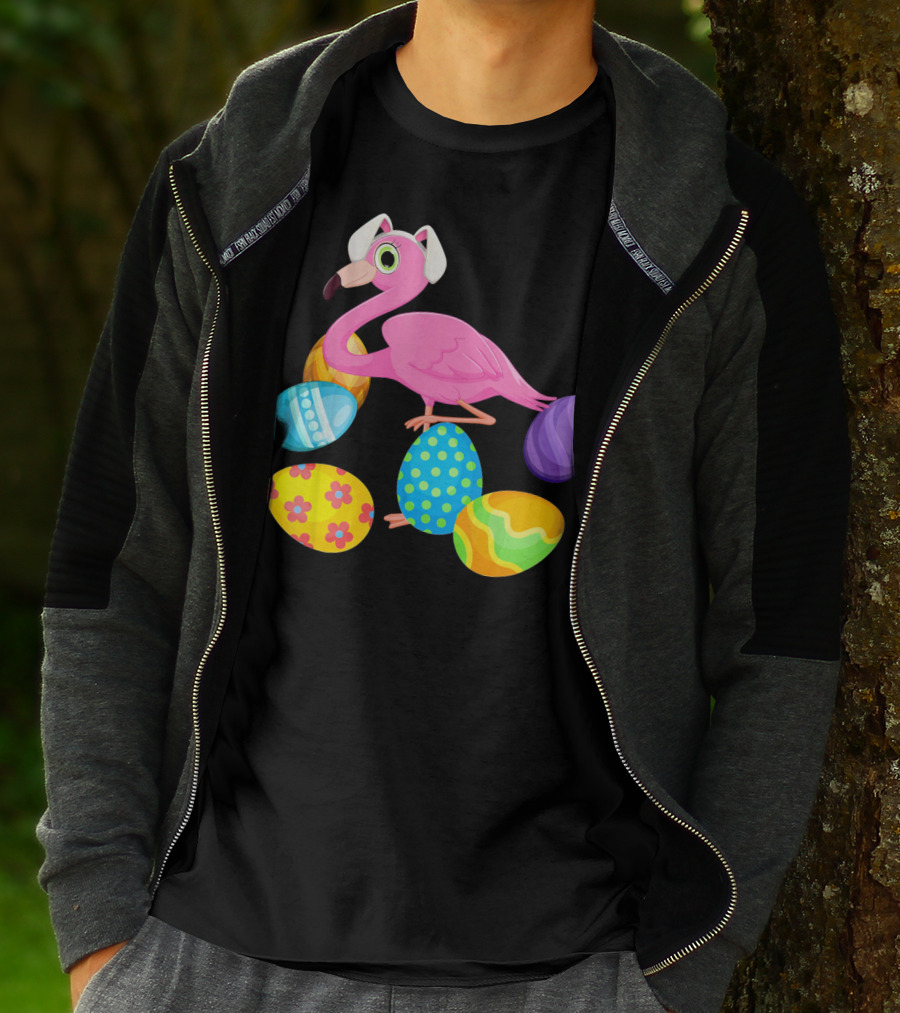 Flamingo Bunny Rabbit Hat With Colorful Easter Eggs Playing Easter T-Shirt
