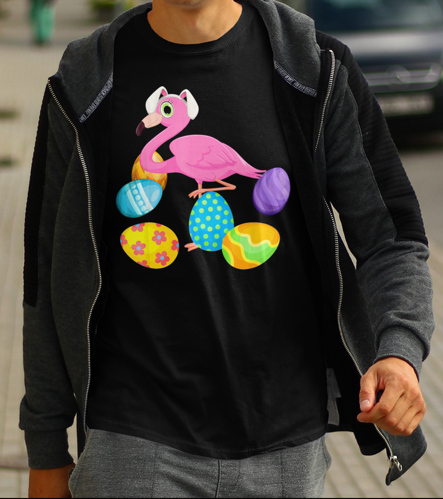Flamingo Bunny Rabbit Hat With Colorful Easter Eggs Playing Easter T-Shirt