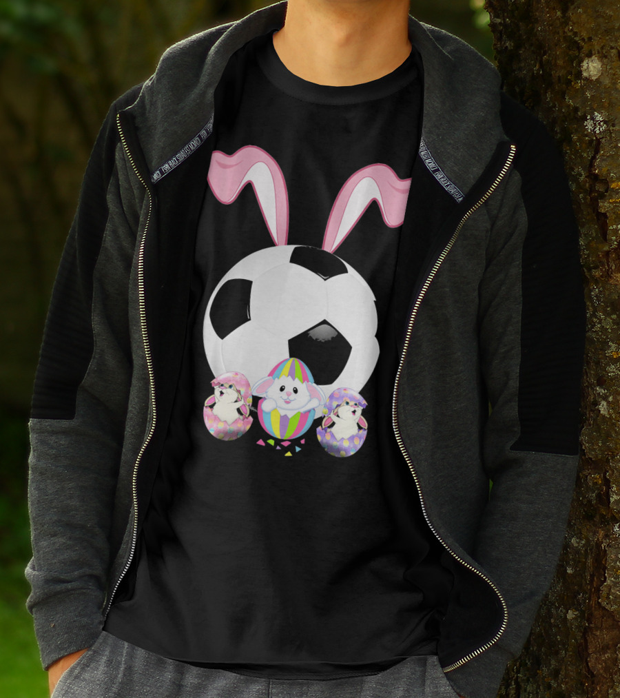 Soccer Easter Bunny Egg With Pink Ears And Colorful Easter Eggs T-Shirt