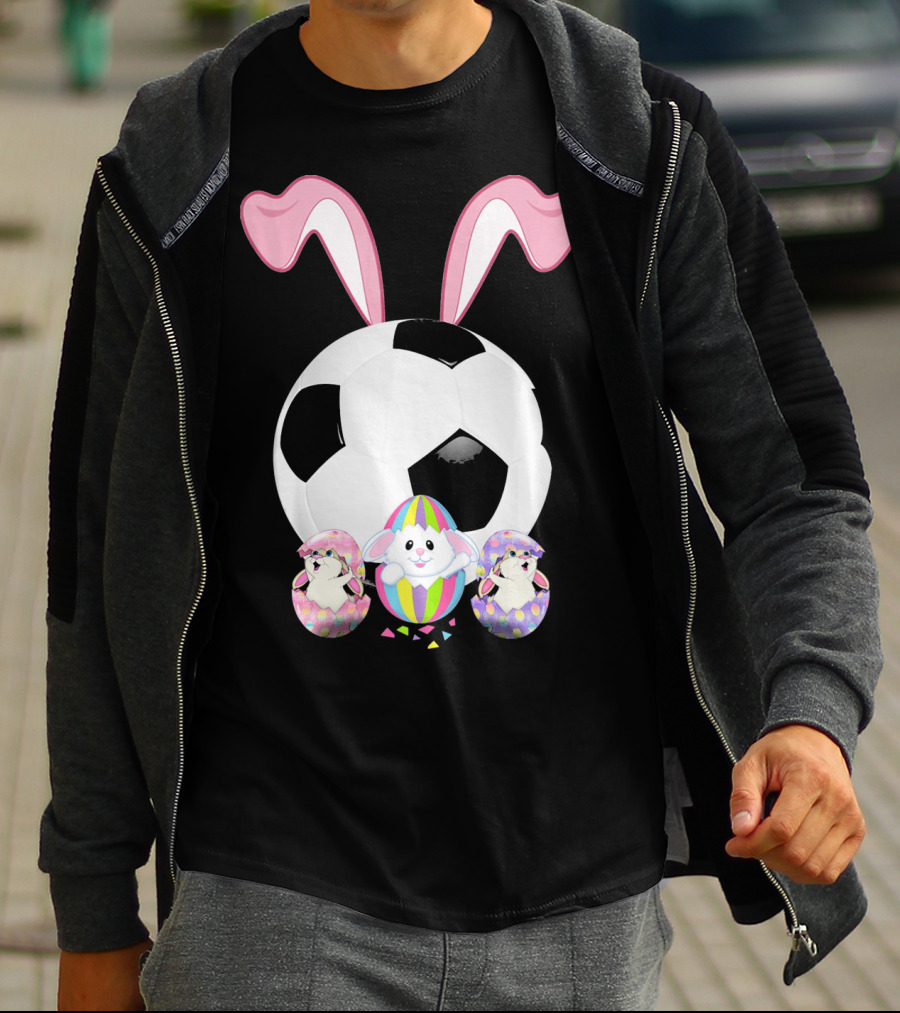 Soccer Easter Bunny Egg With Pink Ears And Colorful Easter Eggs T-Shirt