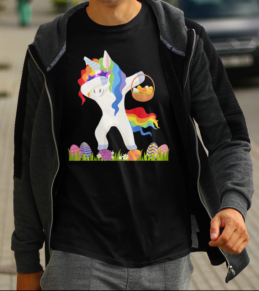 Funny Unicorn Dabbing With Easter Basket And Eggs Happy Easter Day T-Shirt