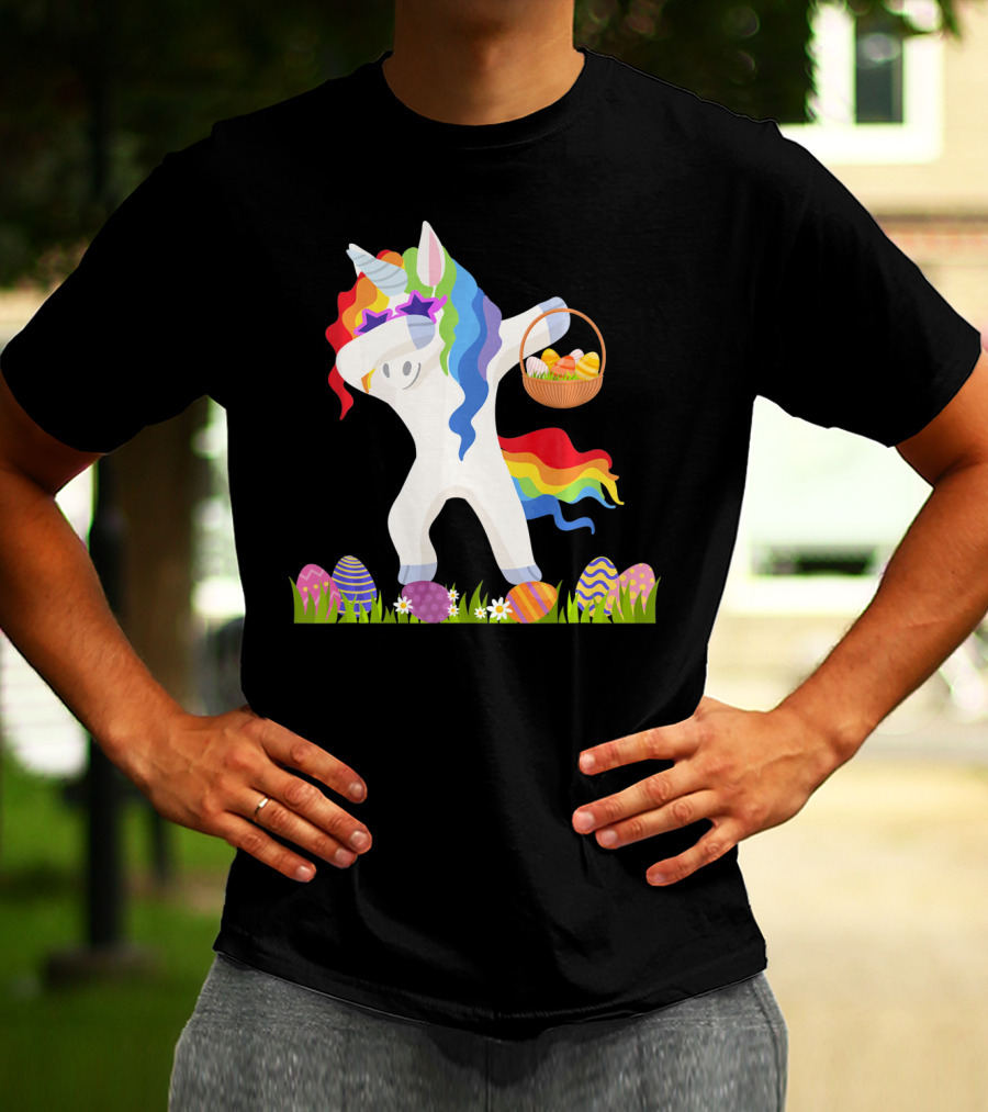 Funny Unicorn Dabbing With Easter Basket And Eggs Happy Easter Day T-Shirt