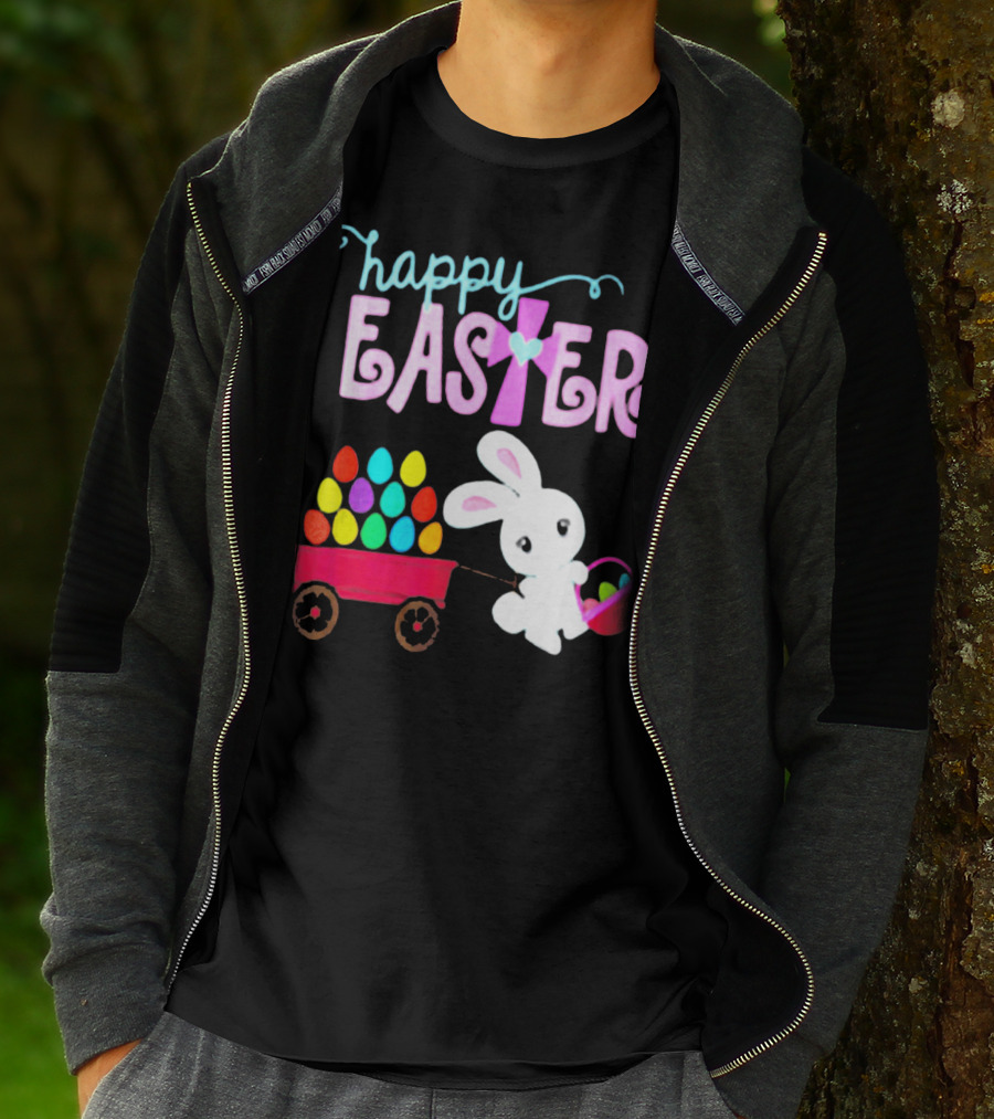 Happy Easter Bunny With Wagon Of Colorful Eggs T-Shirt