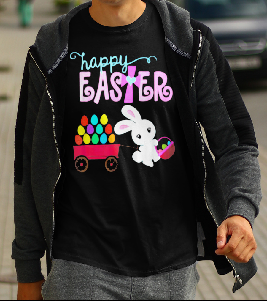Happy Easter Bunny With Wagon Of Colorful Eggs T-Shirt