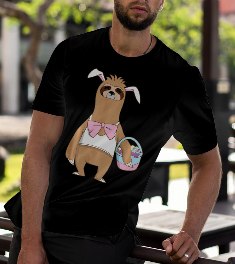 Sloth Easter Bunny Lazy Rabbit With Basket Of Eggs T-Shirt
