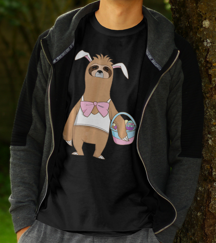 Sloth Easter Bunny Lazy Rabbit With Basket Of Eggs T-Shirt