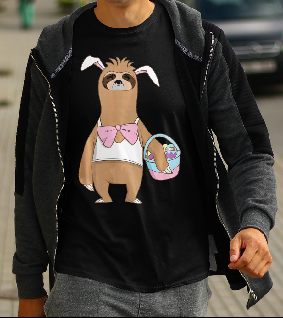 Sloth Easter Bunny Lazy Rabbit With Basket Of Eggs T-Shirt