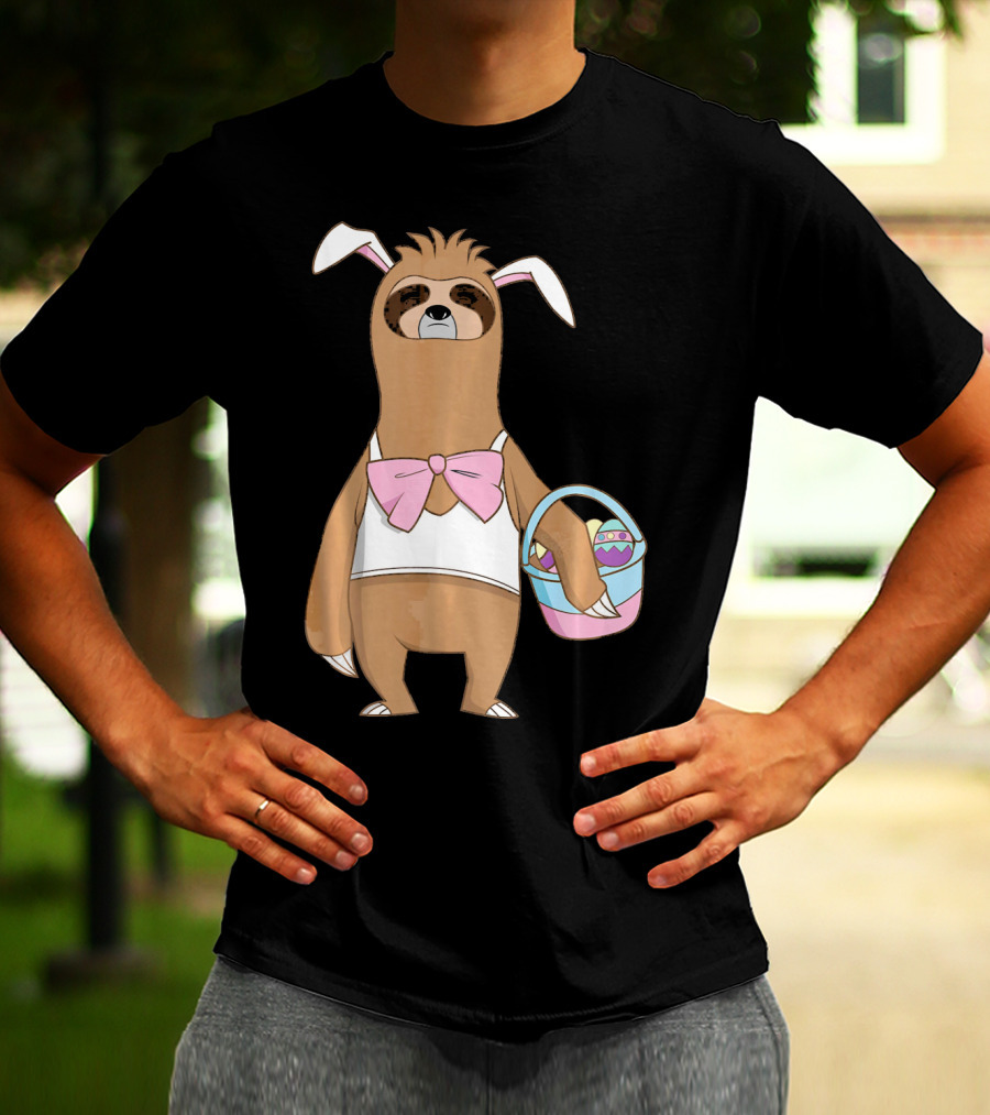 Sloth Easter Bunny Lazy Rabbit With Basket Of Eggs T-Shirt