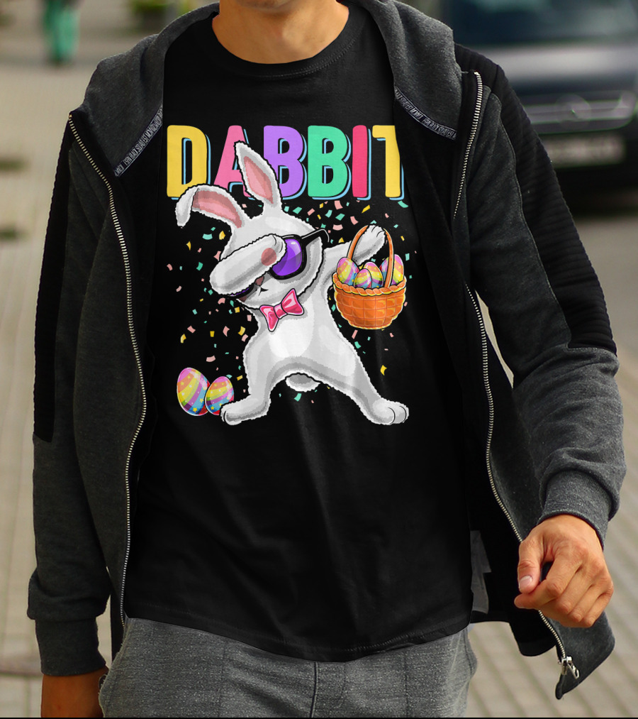 Dabbit Dabbing Easter Bunny With Eggs Basket And Confetti T-Shirt