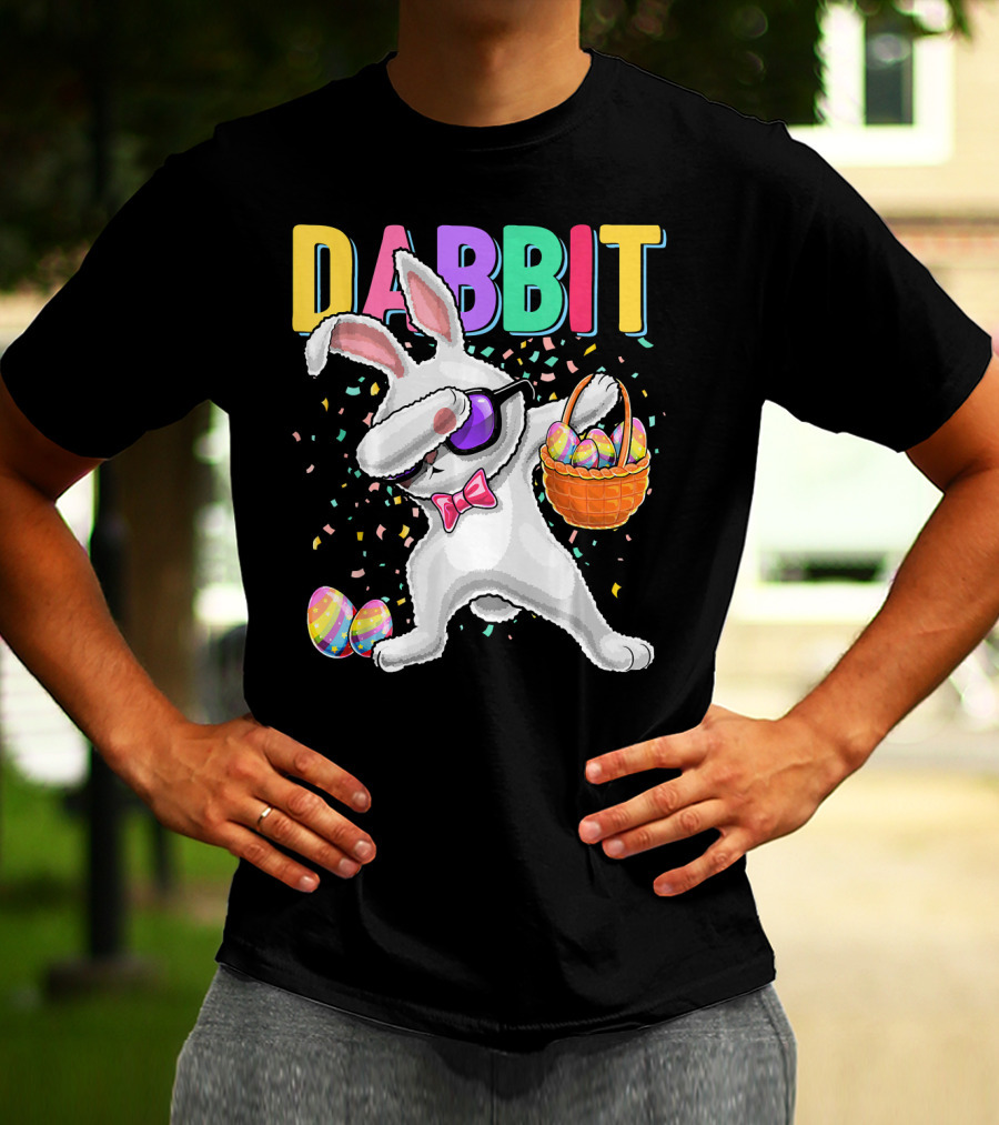 Dabbit Dabbing Easter Bunny With Eggs Basket And Confetti T-Shirt