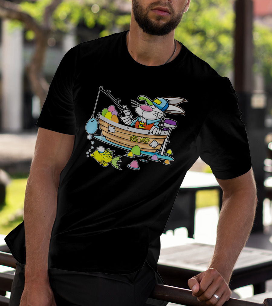 Fun Easter Bunny Fishing USS Hop With Eggs And Colorful Fish T-Shirt