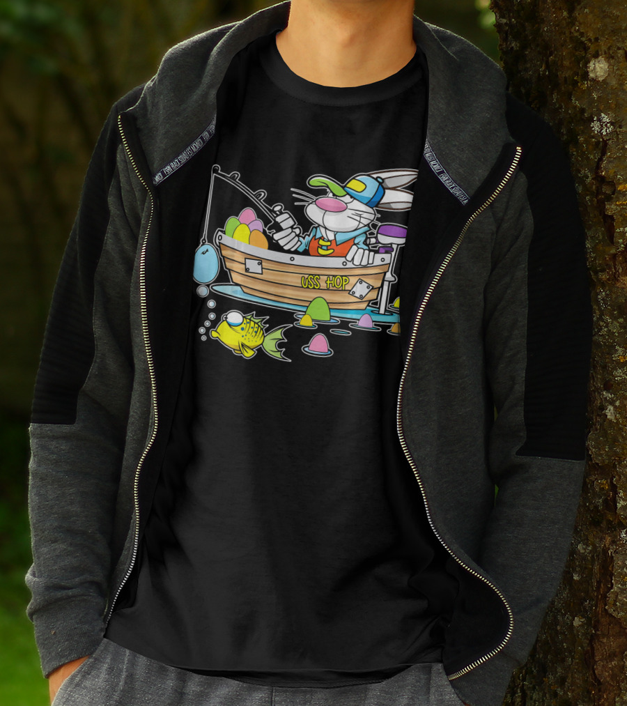 Fun Easter Bunny Fishing USS Hop With Eggs And Colorful Fish T-Shirt