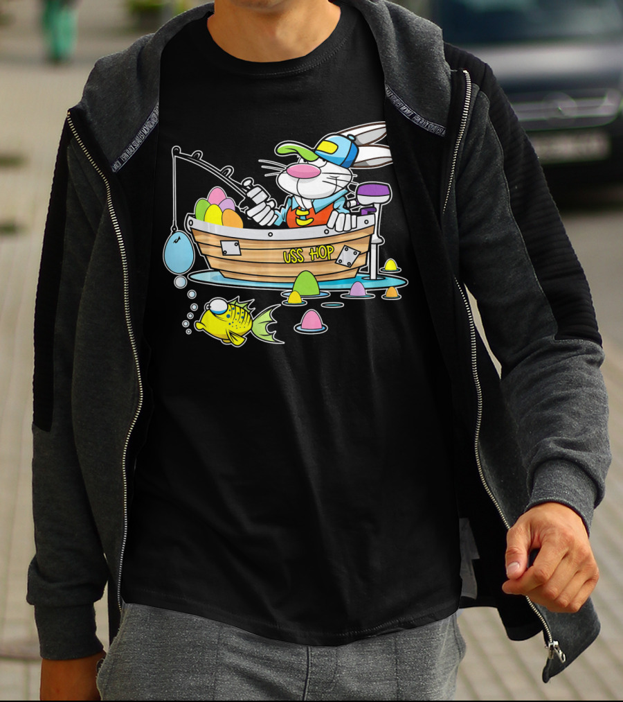 Fun Easter Bunny Fishing USS Hop With Eggs And Colorful Fish T-Shirt
