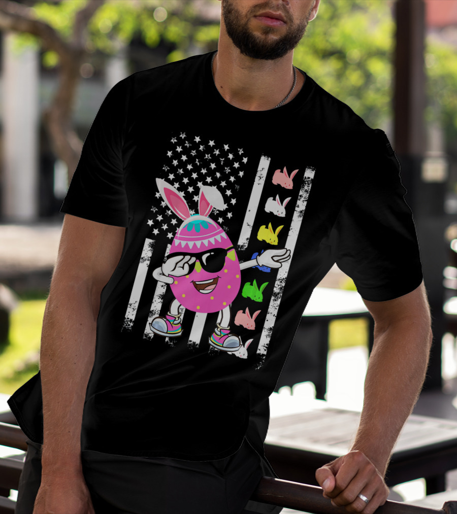 Dabbing Easter Egg Rabbit With American Flag And Bunny Icons T-Shirt