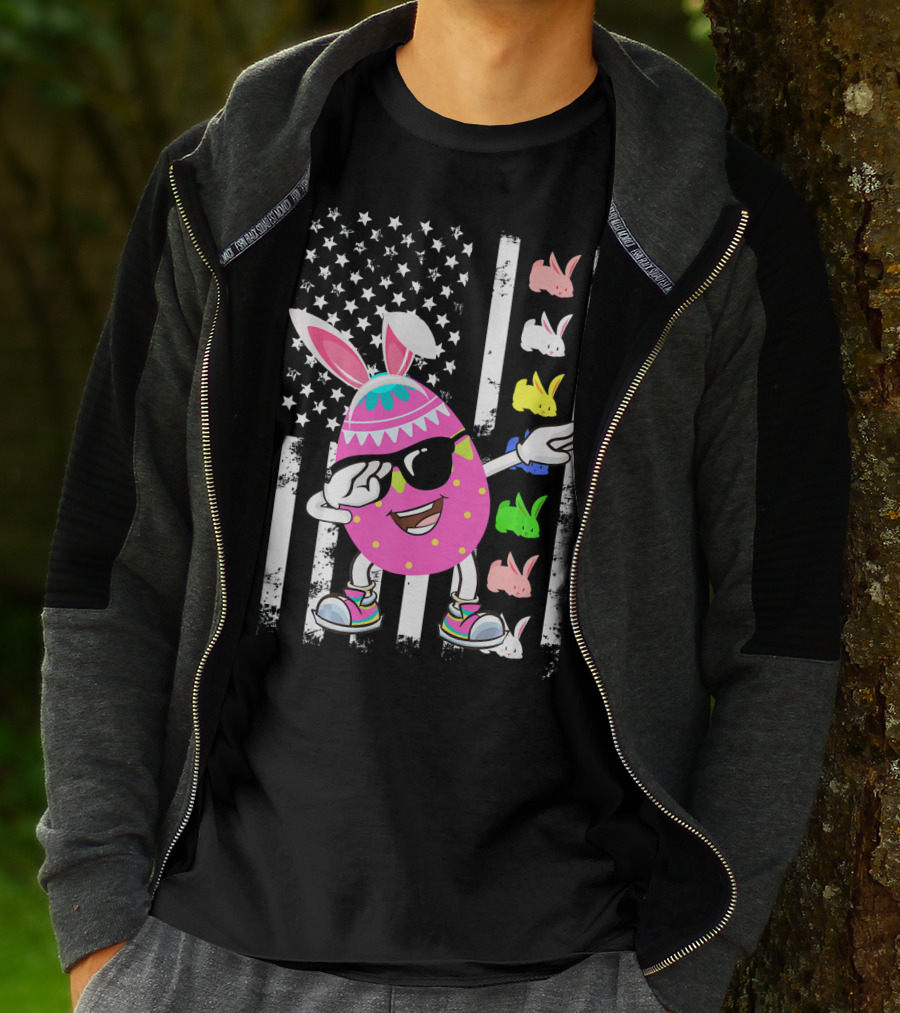 Dabbing Easter Egg Rabbit With American Flag And Bunny Icons T-Shirt