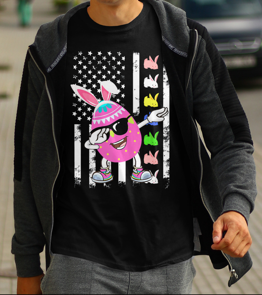Dabbing Easter Egg Rabbit With American Flag And Bunny Icons T-Shirt
