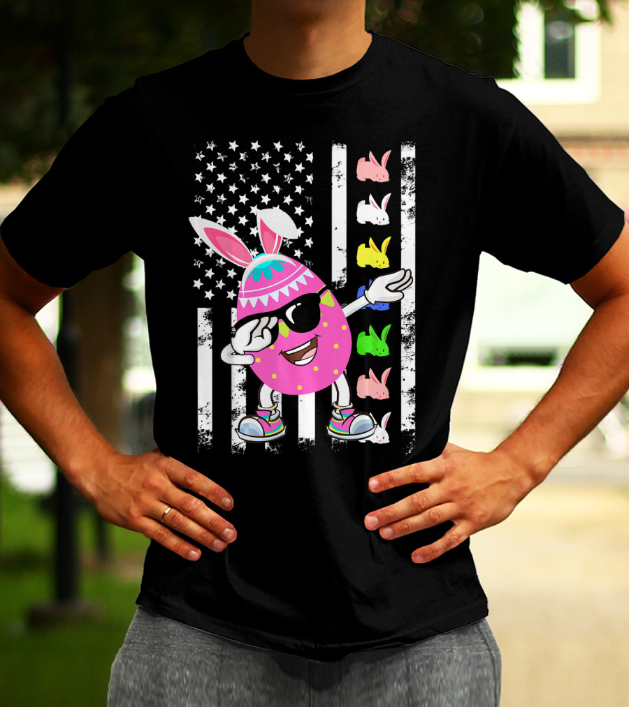 Dabbing Easter Egg Rabbit With American Flag And Bunny Icons T-Shirt