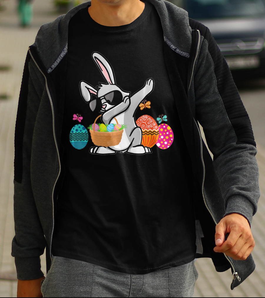 Dabbing Easter Bunny With Sunglasses And Basket Among Colorful Easter Eggs T-Shirt