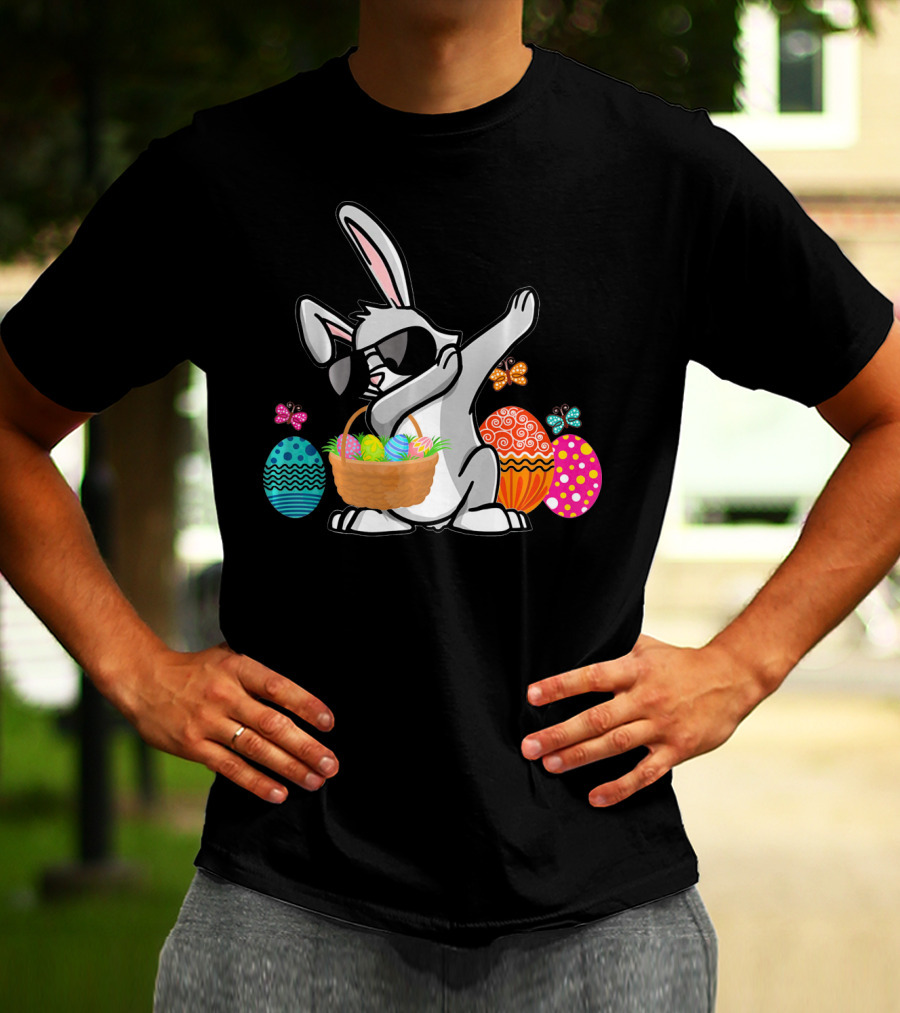 Dabbing Easter Bunny With Sunglasses And Basket Among Colorful Easter Eggs T-Shirt