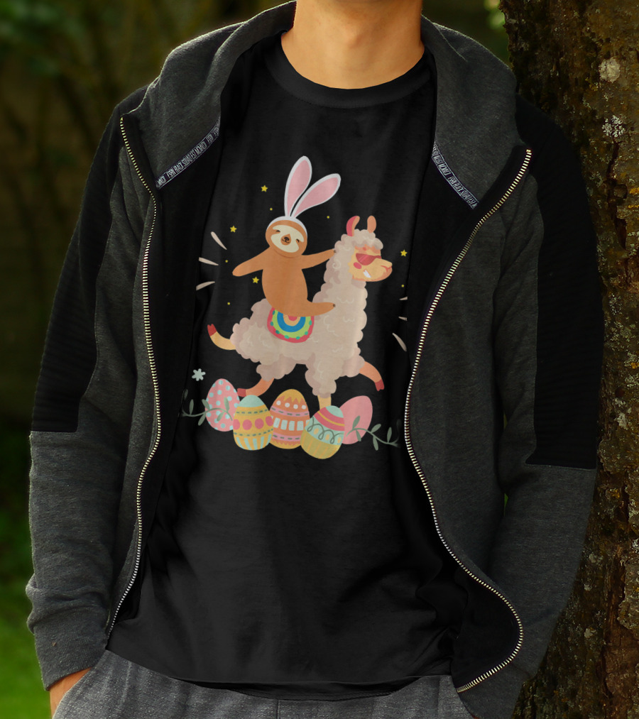 Cute Bunny Sloth Riding Llama Easter Eggs T-Shirt