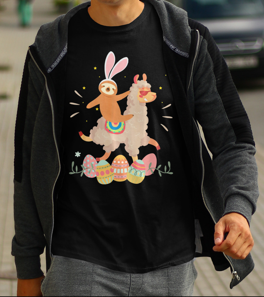 Cute Bunny Sloth Riding Llama Easter Eggs T-Shirt