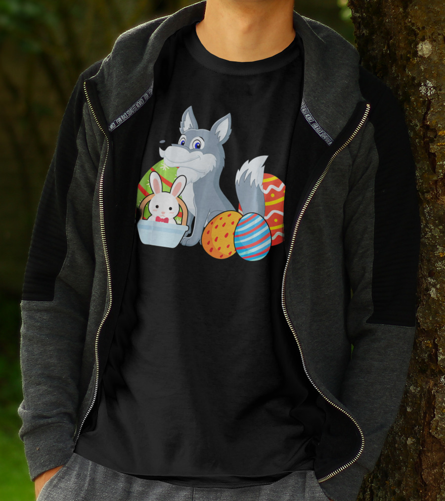 Easter Wolf Happy Bunny With Colorful Eggs T-Shirt
