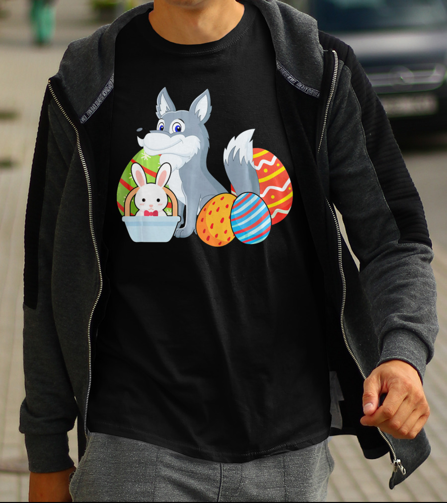 Easter Wolf Happy Bunny With Colorful Eggs T-Shirt