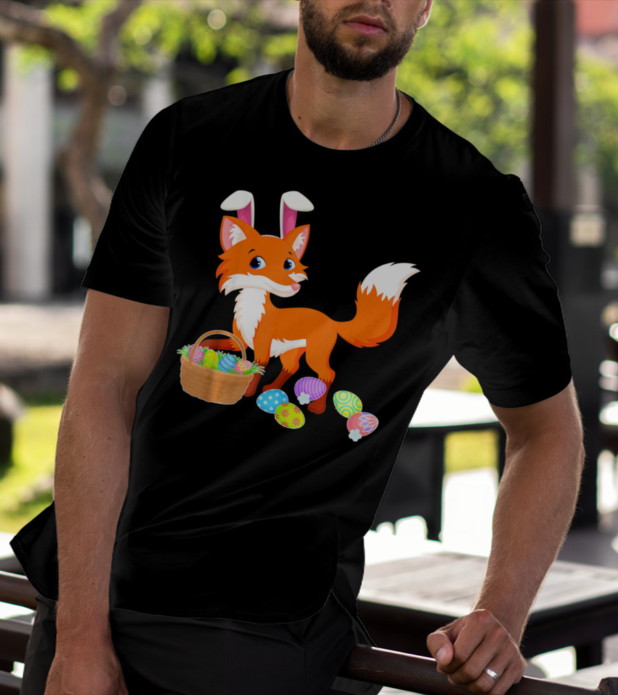 Happy Fox Easter Bunny Ears With Colorful Eggs Basket T-Shirt