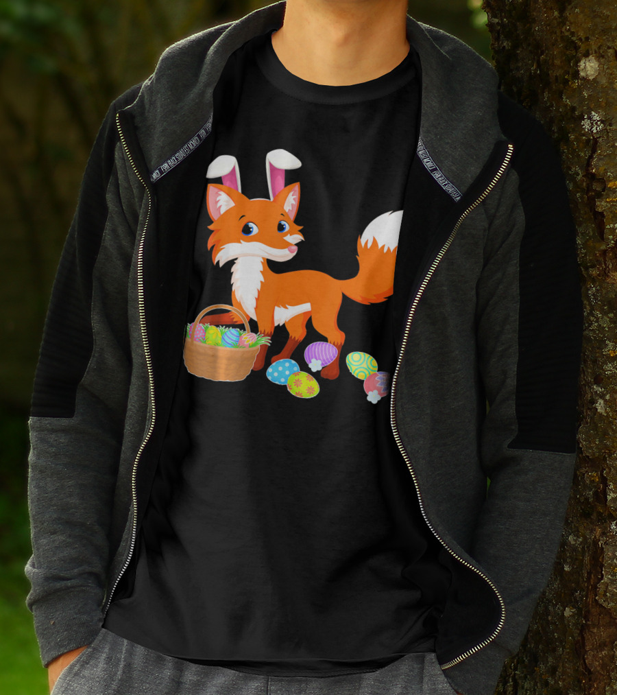 Happy Fox Easter Bunny Ears With Colorful Eggs Basket T-Shirt