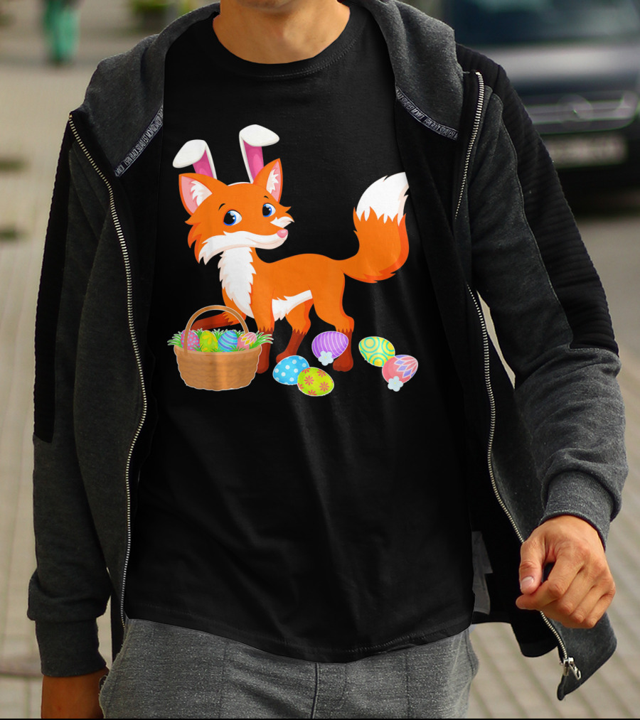 Happy Fox Easter Bunny Ears With Colorful Eggs Basket T-Shirt