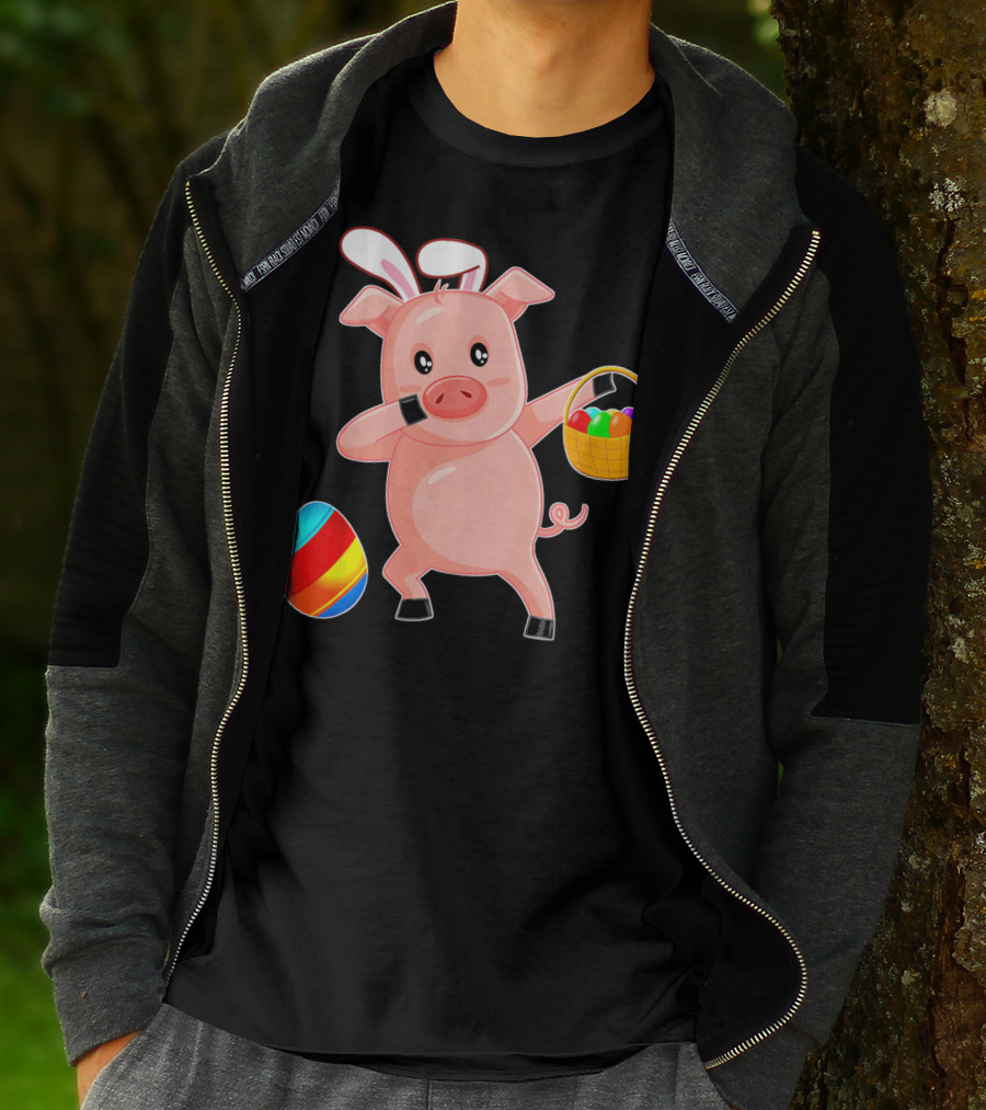Easter Bunny Dabbing Pig With Colorful Egg Basket T-Shirt