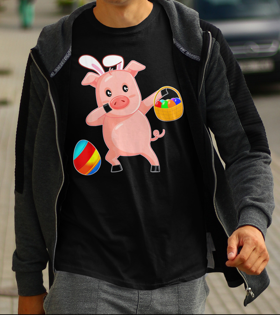 Easter Bunny Dabbing Pig With Colorful Egg Basket T-Shirt