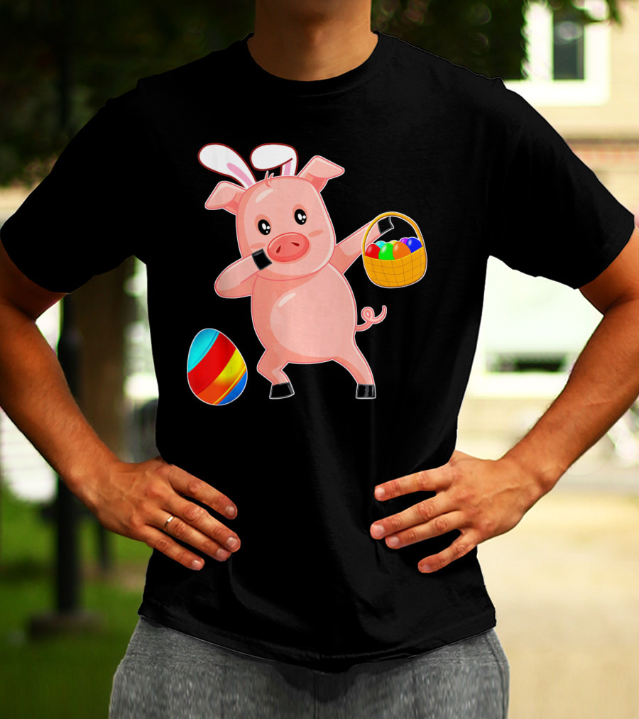 Easter Bunny Dabbing Pig With Colorful Egg Basket T-Shirt