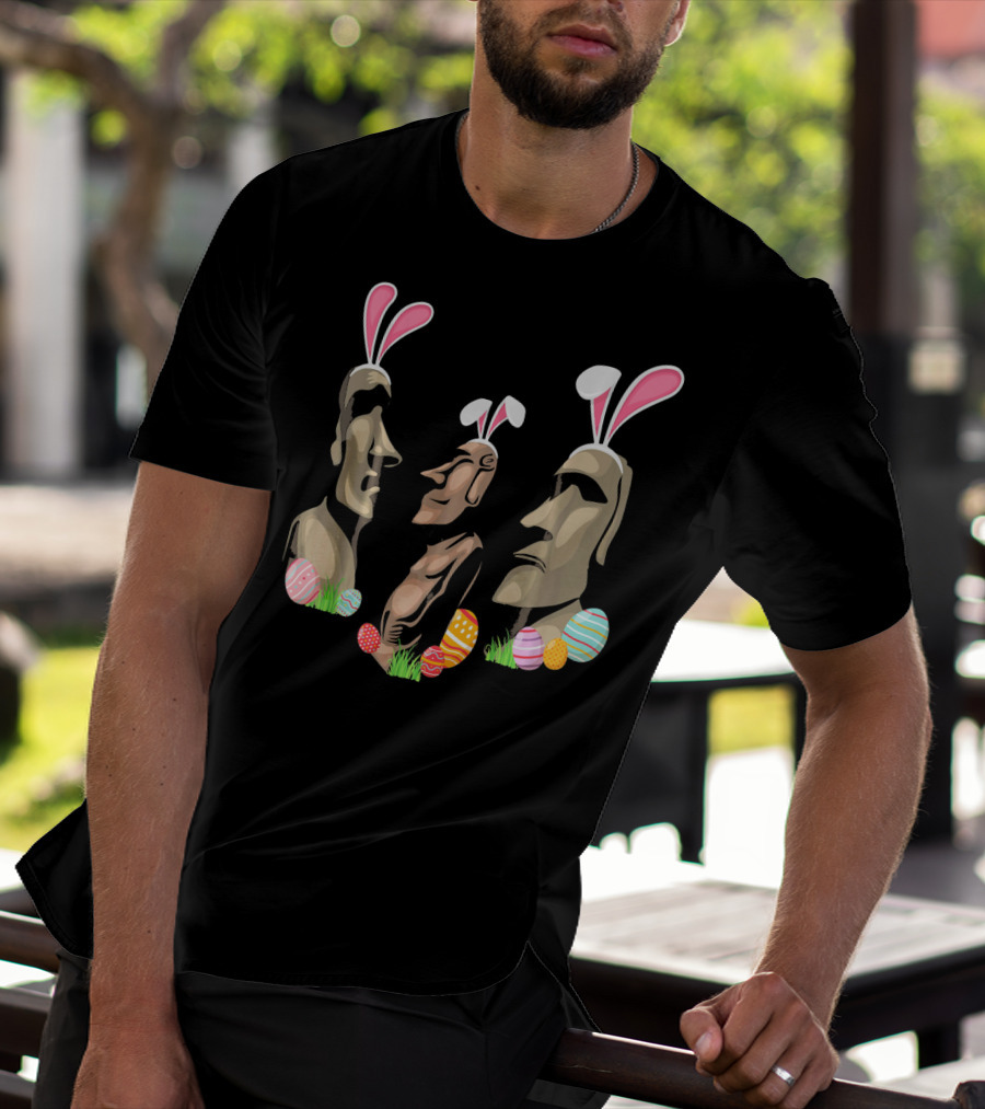 Funny Easter Island Statues Wearing Bunny Ears Surrounded By Colorful Easter Eggs T-Shirt