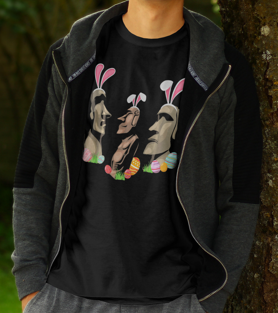 Funny Easter Island Statues Wearing Bunny Ears Surrounded By Colorful Easter Eggs T-Shirt
