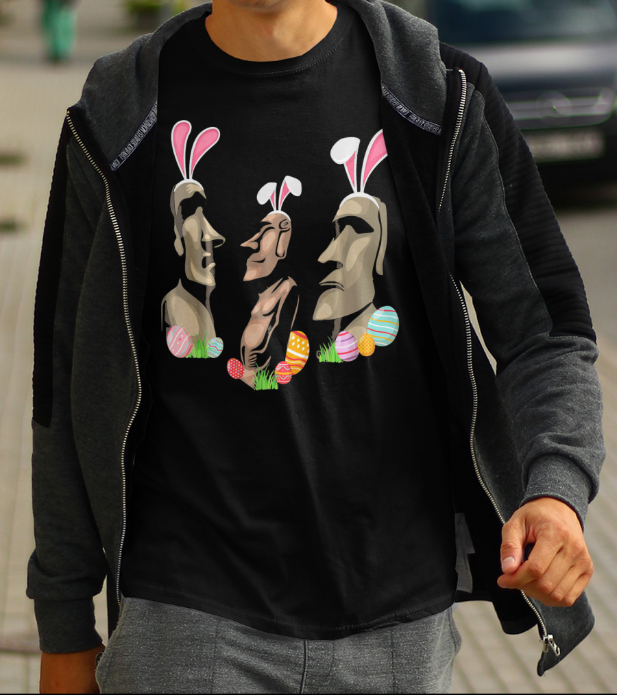 Funny Easter Island Statues Wearing Bunny Ears Surrounded By Colorful Easter Eggs T-Shirt