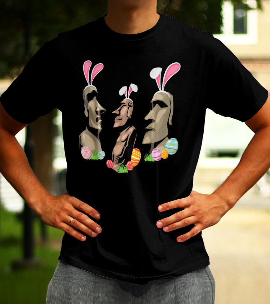 Funny Easter Island Statues Wearing Bunny Ears Surrounded By Colorful Easter Eggs T-Shirt