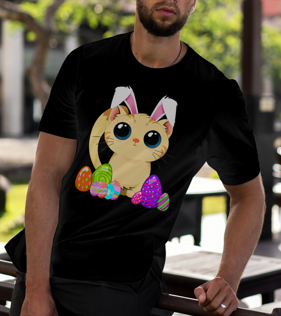 Cute Easter Cat Holiday Bunny Ears With Colorful Eggs T-Shirt