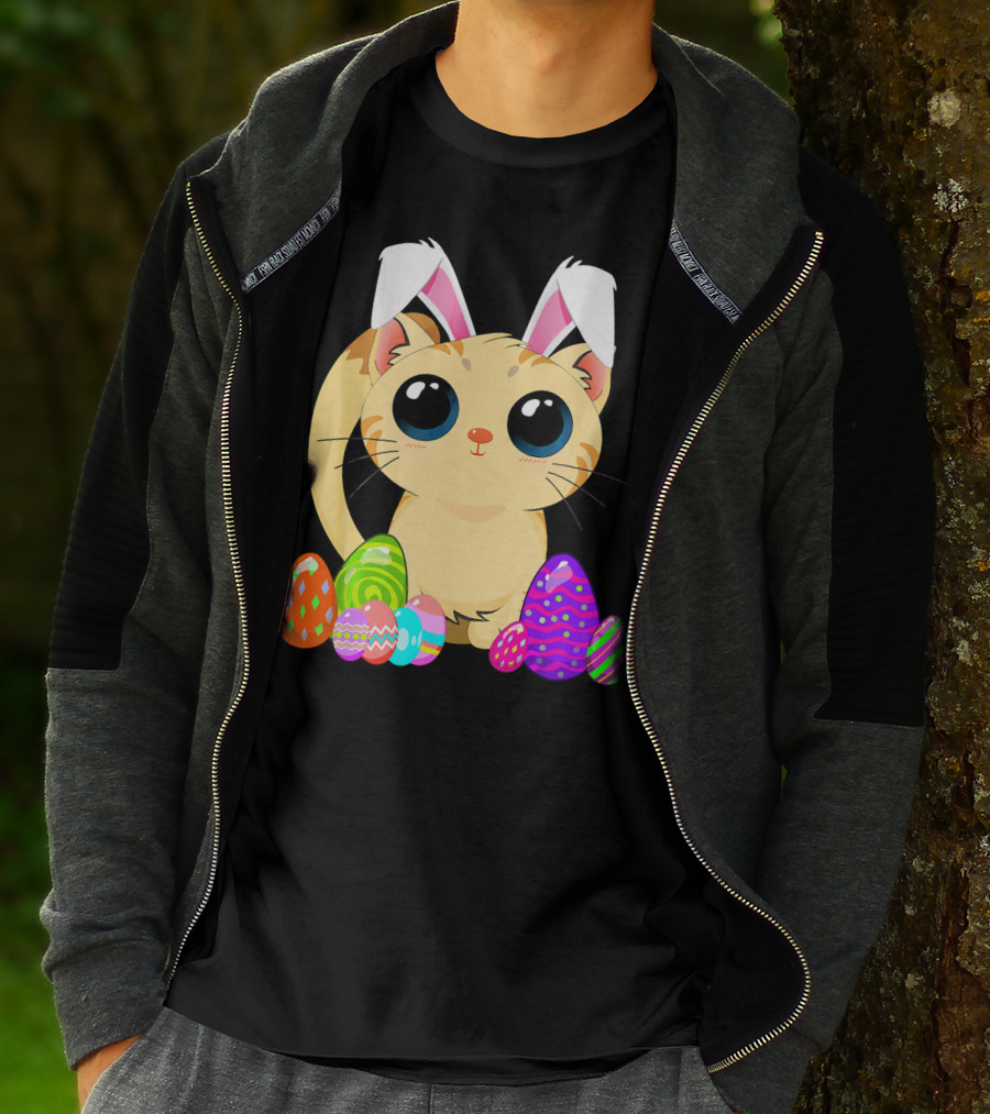 Cute Easter Cat Holiday Bunny Ears With Colorful Eggs T-Shirt
