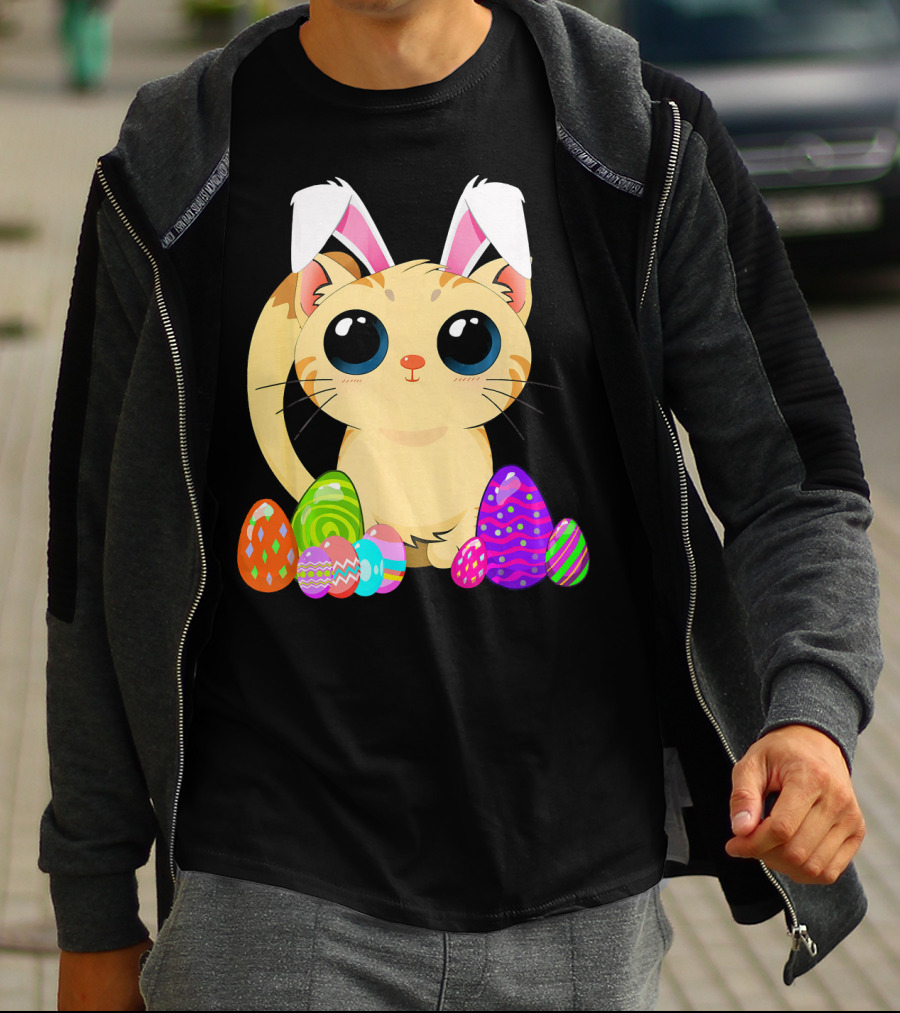 Cute Easter Cat Holiday Bunny Ears With Colorful Eggs T-Shirt