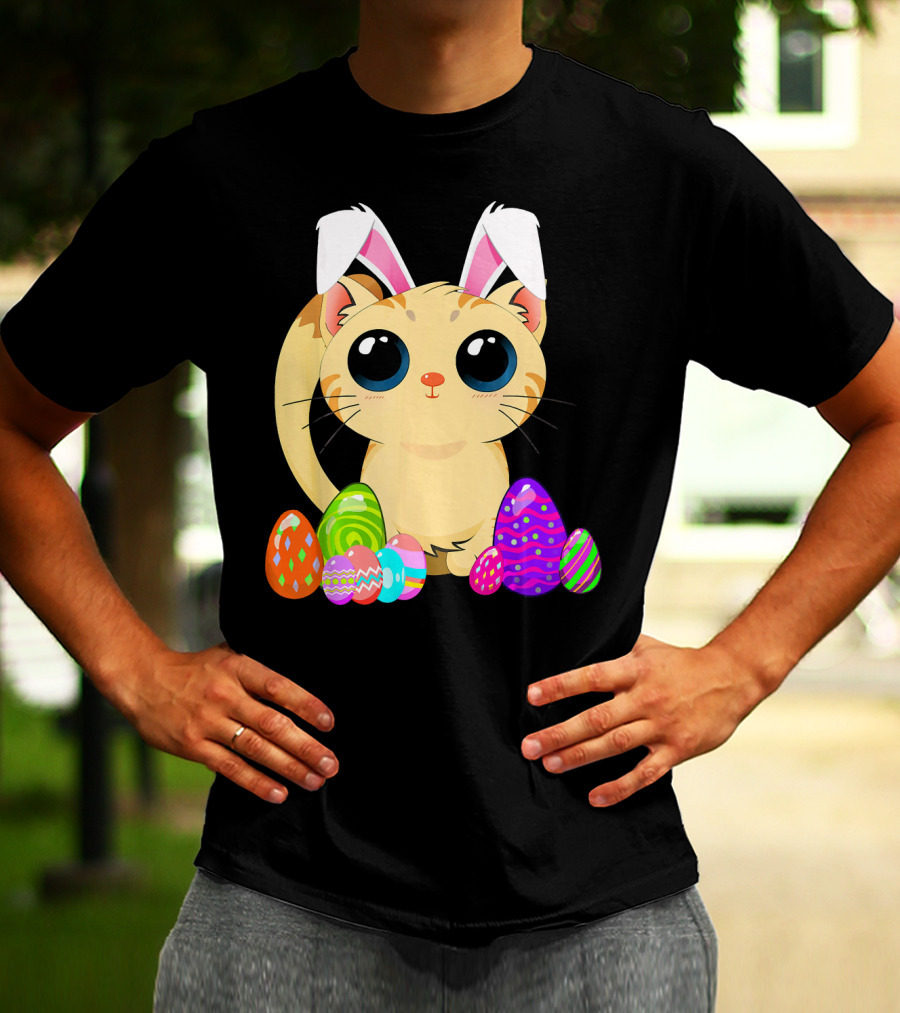 Cute Easter Cat Holiday Bunny Ears With Colorful Eggs T-Shirt