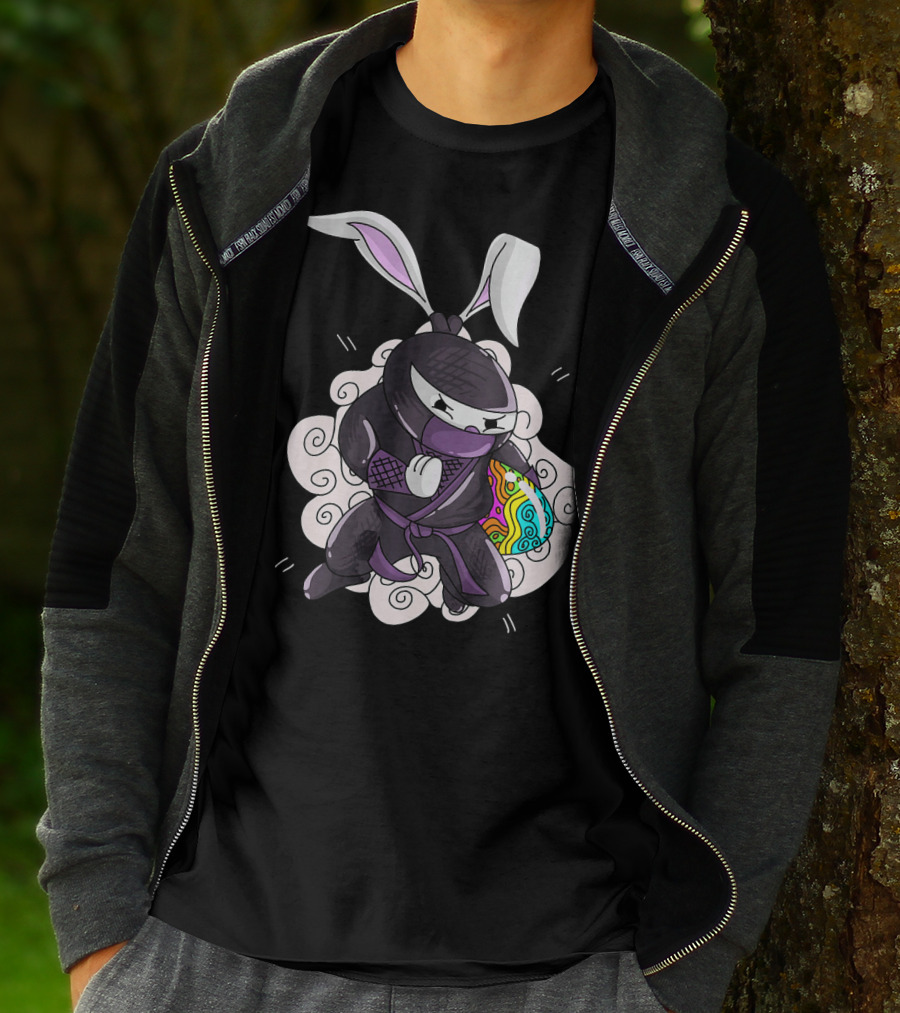 Easter Bunny Ninja Holding Colorful Egg In Cute Little Egg Hunt Scene T-Shirt