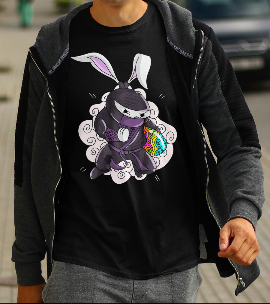 Easter Bunny Ninja Holding Colorful Egg In Cute Little Egg Hunt Scene T-Shirt